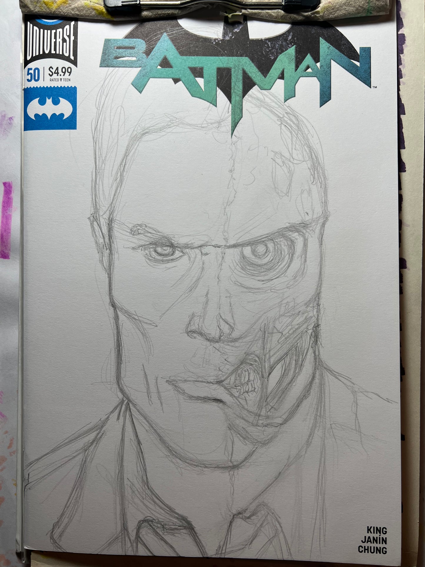 DC Comics Batman #50 blank cover variant with Two-Face drawing